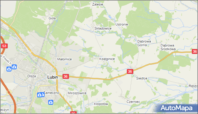 mapa Księginice gmina Lubin, Księginice gmina Lubin na mapie Targeo