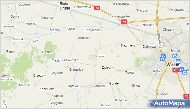 mapa Kurów gmina Wieluń, Kurów gmina Wieluń na mapie Targeo