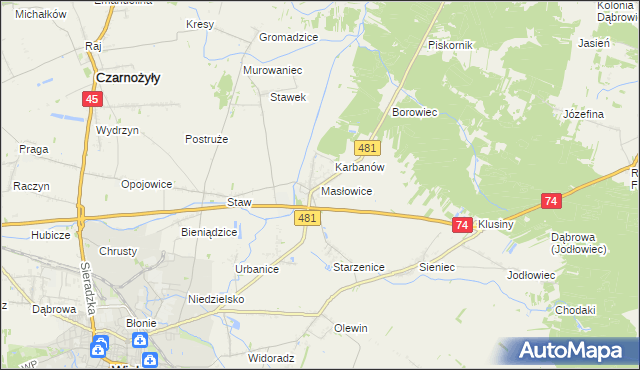 mapa Masłowice gmina Wieluń, Masłowice gmina Wieluń na mapie Targeo