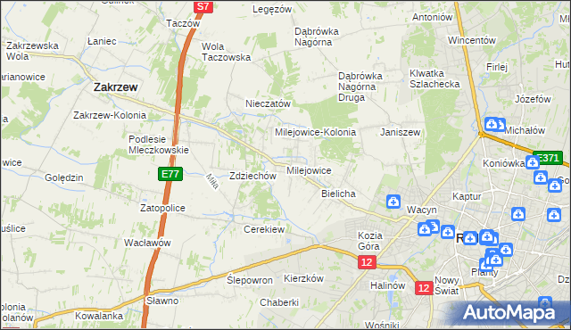 mapa Milejowice gmina Zakrzew, Milejowice gmina Zakrzew na mapie Targeo