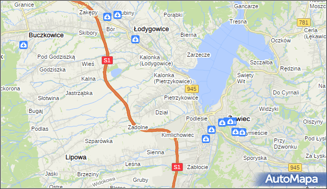 mapa Pietrzykowice gmina Łodygowice, Pietrzykowice gmina Łodygowice na mapie Targeo