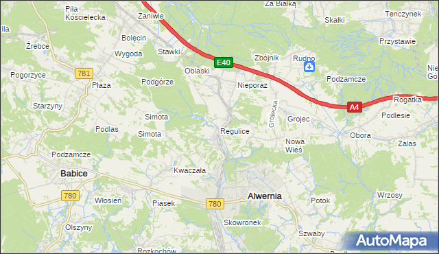 mapa Regulice gmina Alwernia, Regulice gmina Alwernia na mapie Targeo