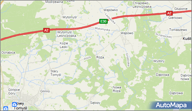 mapa Róża gmina Nowy Tomyśl, Róża gmina Nowy Tomyśl na mapie Targeo