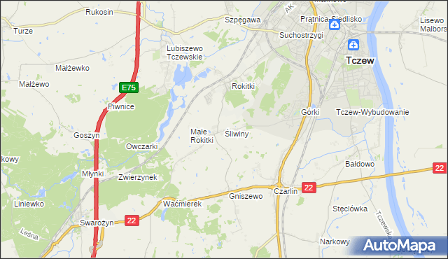 mapa Śliwiny gmina Tczew, Śliwiny gmina Tczew na mapie Targeo