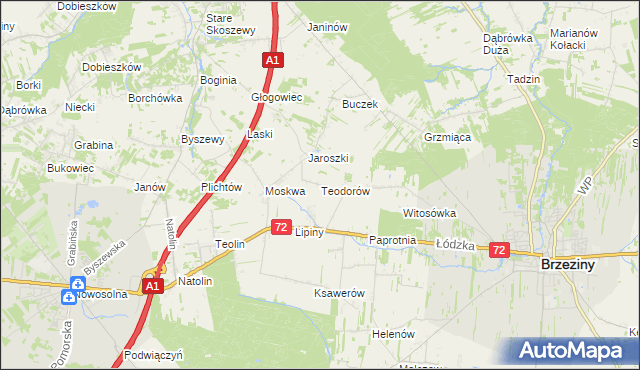 mapa Teodorów gmina Brzeziny, Teodorów gmina Brzeziny na mapie Targeo