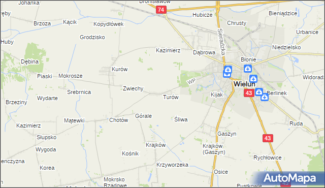 mapa Turów gmina Wieluń, Turów gmina Wieluń na mapie Targeo