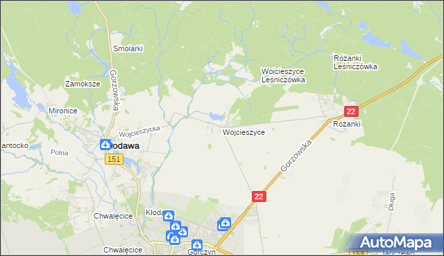 mapa Wojcieszyce gmina Kłodawa, Wojcieszyce gmina Kłodawa na mapie Targeo