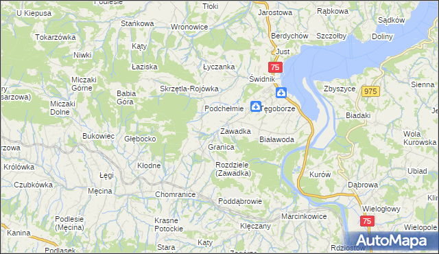 mapa Zawadka gmina Łososina Dolna, Zawadka gmina Łososina Dolna na mapie Targeo