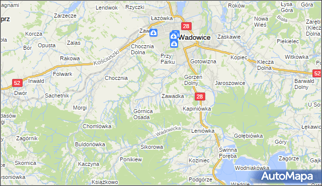 mapa Zawadka gmina Wadowice, Zawadka gmina Wadowice na mapie Targeo