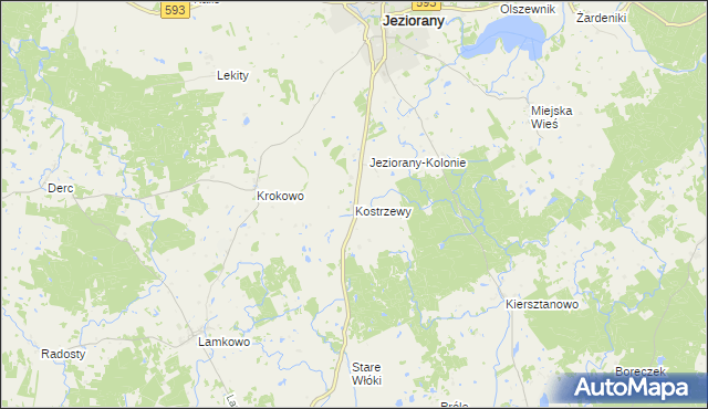 mapa Kostrzewy gmina Jeziorany, Kostrzewy gmina Jeziorany na mapie Targeo