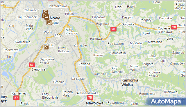 mapa Kunów gmina Chełmiec, Kunów gmina Chełmiec na mapie Targeo