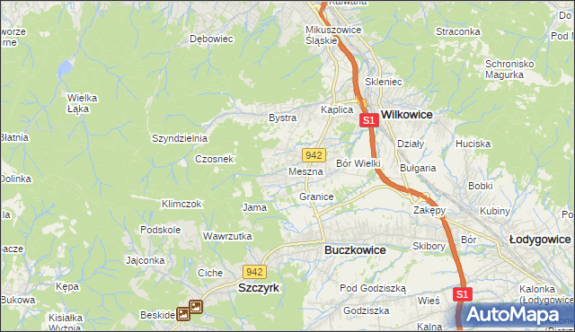 mapa Meszna gmina Wilkowice, Meszna gmina Wilkowice na mapie Targeo