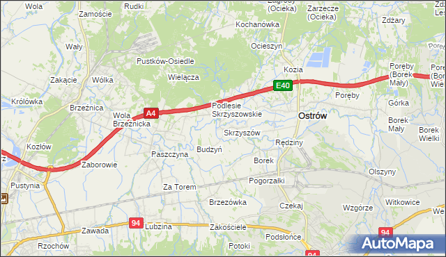 mapa Skrzyszów gmina Ostrów, Skrzyszów gmina Ostrów na mapie Targeo