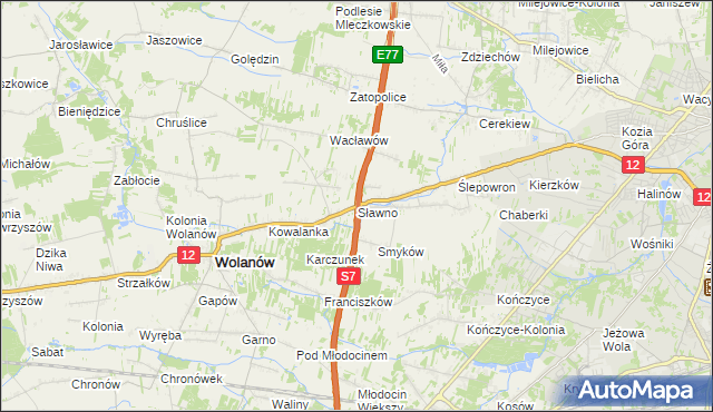 mapa Sławno gmina Wolanów, Sławno gmina Wolanów na mapie Targeo