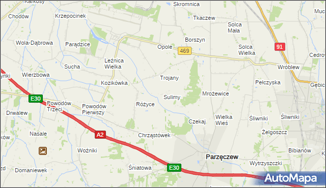 mapa Sulimy gmina Parzęczew, Sulimy gmina Parzęczew na mapie Targeo