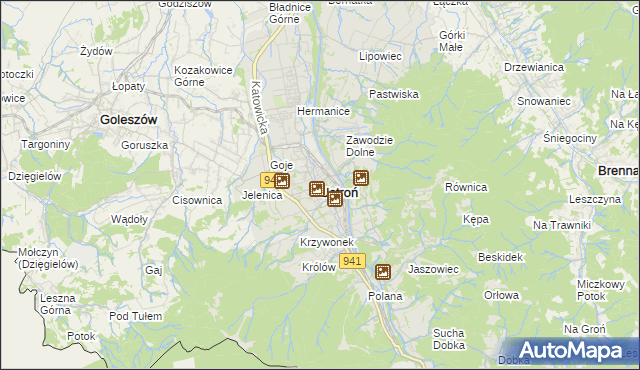 mapa Ustroń powiat cieszyński, Ustroń powiat cieszyński na mapie Targeo