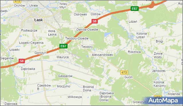 mapa Aleksandrówek gmina Łask, Aleksandrówek gmina Łask na mapie Targeo