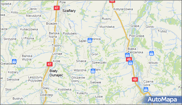 mapa Groń gmina Bukowina Tatrzańska, Groń gmina Bukowina Tatrzańska na mapie Targeo