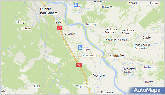 mapa Kopki gmina Rudnik nad Sanem, Kopki gmina Rudnik nad Sanem na mapie Targeo