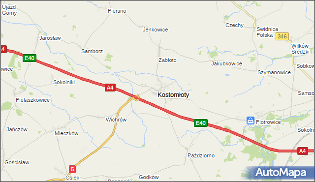 mapa Kostomłoty powiat średzki, Kostomłoty powiat średzki na mapie Targeo