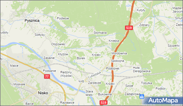 mapa Krzaki gmina Pysznica, Krzaki gmina Pysznica na mapie Targeo