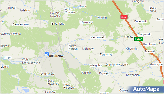 mapa Melanów gmina Łaskarzew, Melanów gmina Łaskarzew na mapie Targeo