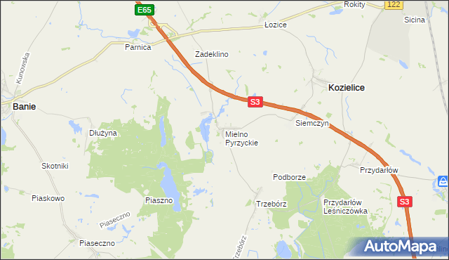 mapa Mielno Pyrzyckie, Mielno Pyrzyckie na mapie Targeo