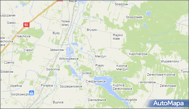 mapa Mierzyn gmina Rozprza, Mierzyn gmina Rozprza na mapie Targeo