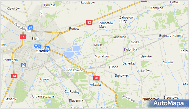 mapa Mysłaków gmina Nieborów, Mysłaków gmina Nieborów na mapie Targeo