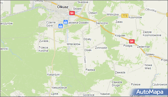 mapa Osiek gmina Olkusz, Osiek gmina Olkusz na mapie Targeo