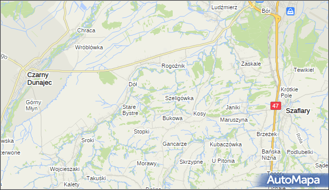 mapa Szeligówka gmina Czarny Dunajec, Szeligówka gmina Czarny Dunajec na mapie Targeo