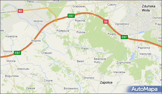 mapa Piaski gmina Zduńska Wola, Piaski gmina Zduńska Wola na mapie Targeo