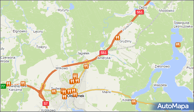 mapa Ameryka gmina Olsztynek, Ameryka gmina Olsztynek na mapie Targeo