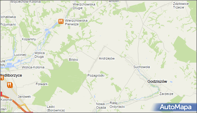 mapa Andrzejów gmina Godziszów, Andrzejów gmina Godziszów na mapie Targeo
