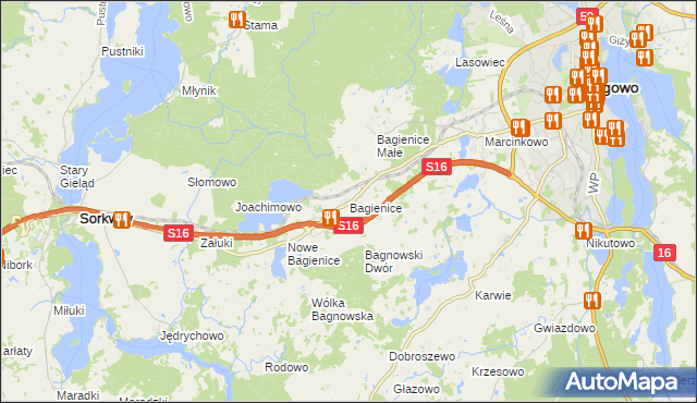 mapa Bagienice gmina Mrągowo, Bagienice gmina Mrągowo na mapie Targeo