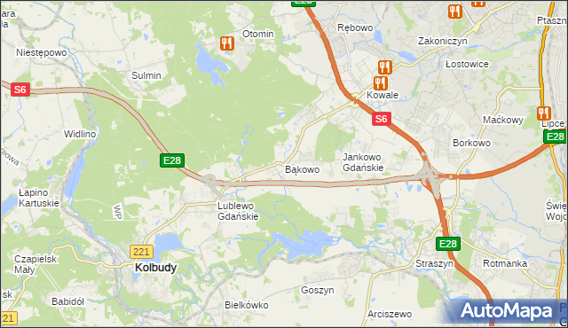 mapa Bąkowo gmina Kolbudy, Bąkowo gmina Kolbudy na mapie Targeo