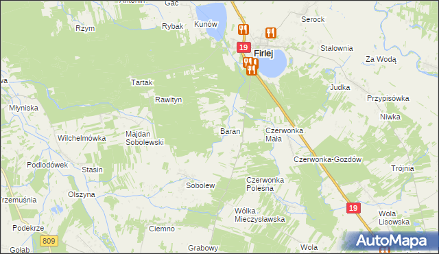 mapa Baran gmina Firlej, Baran gmina Firlej na mapie Targeo