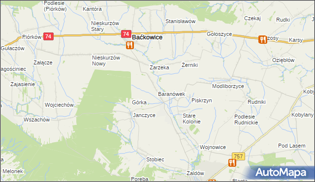 mapa Baranówek gmina Baćkowice, Baranówek gmina Baćkowice na mapie Targeo