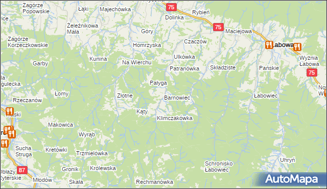 mapa Barnowiec gmina Łabowa, Barnowiec gmina Łabowa na mapie Targeo