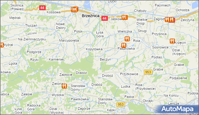 mapa Bęczyn gmina Brzeźnica, Bęczyn gmina Brzeźnica na mapie Targeo