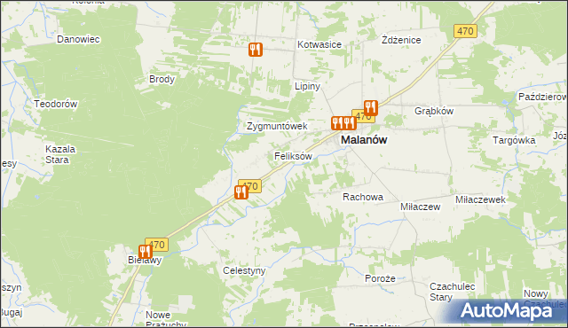 mapa Bielawy gmina Malanów, Bielawy gmina Malanów na mapie Targeo