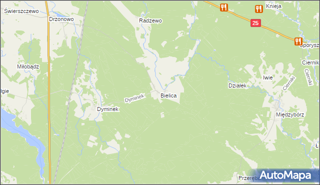 mapa Bielica gmina Biały Bór, Bielica gmina Biały Bór na mapie Targeo