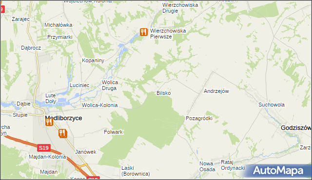 mapa Bilsko gmina Modliborzyce, Bilsko gmina Modliborzyce na mapie Targeo
