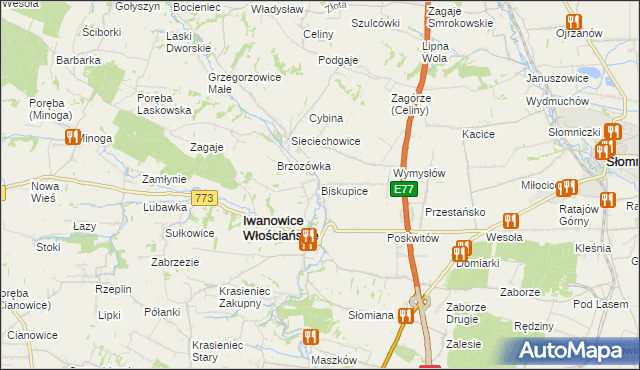 mapa Biskupice gmina Iwanowice, Biskupice gmina Iwanowice na mapie Targeo