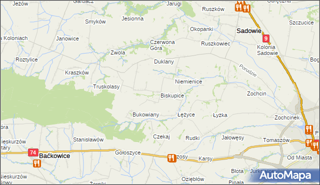 mapa Biskupice gmina Sadowie, Biskupice gmina Sadowie na mapie Targeo
