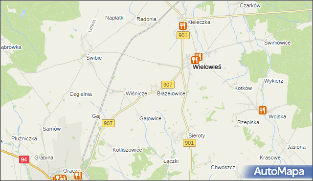 mapa Błażejowice gmina Wielowieś, Błażejowice gmina Wielowieś na mapie Targeo