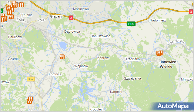 mapa Bobrów gmina Mysłakowice, Bobrów gmina Mysłakowice na mapie Targeo