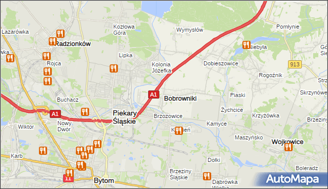 mapa Bobrowniki powiat będziński, Bobrowniki powiat będziński na mapie Targeo