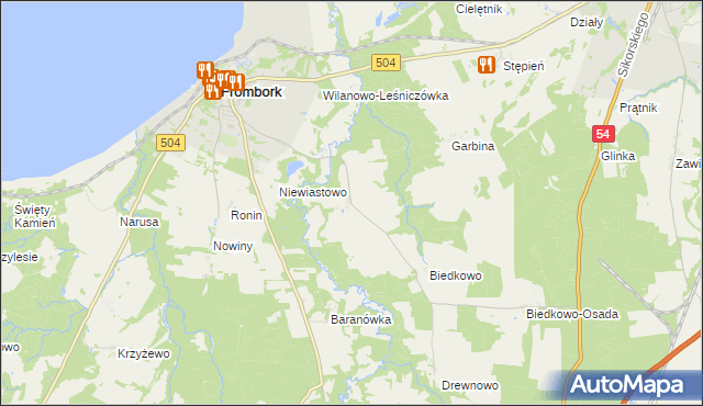 mapa Bogdany gmina Frombork, Bogdany gmina Frombork na mapie Targeo