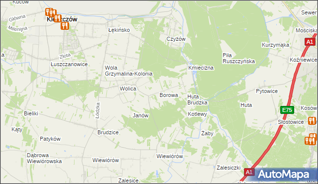 mapa Borowa gmina Dobryszyce, Borowa gmina Dobryszyce na mapie Targeo